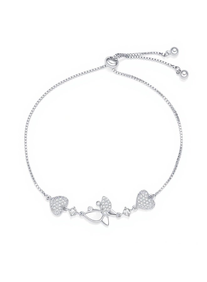 MTZ Silver Adjustable Butterfly Heart Bracelet for Women, Cubic Zirconia Delicate Chain Jewelry Gift - Image 1
