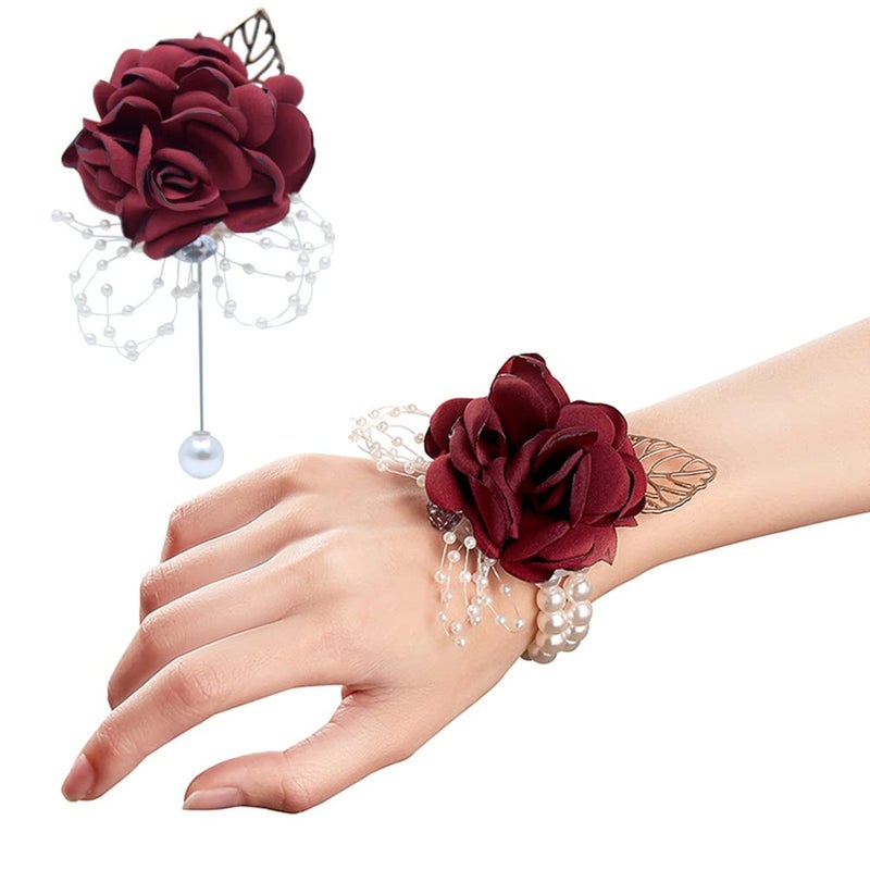 ARTFLWS ARTFLWS Rose Wrist Corsage Boutonniere SetWrist Flower Corsage Wristlet Band Bracelets and Mens Boutonniere for Wedding Flowers Accessories Prom Suit Decor 