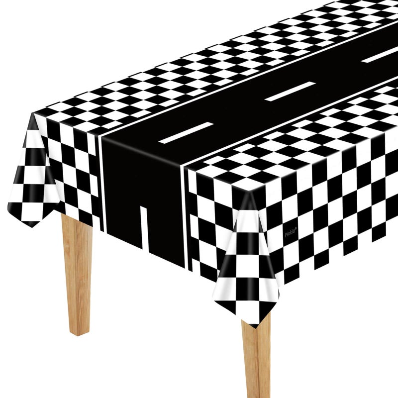 Piokio 2 Pack Black and White Checkered Road Tablecloths Race Car Theme Party Tablecloths Disposable Plastic Tablecloth for Boys Birthday 55 x 108 - Image 2