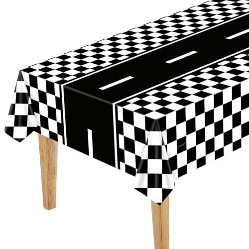 Piokio 2 Pack Black and White Checkered Road Tablecloths Race Car Theme Party Tablecloths Disposable Plastic Tablecloth for Boys Birthday 55 x 108 - Image 1