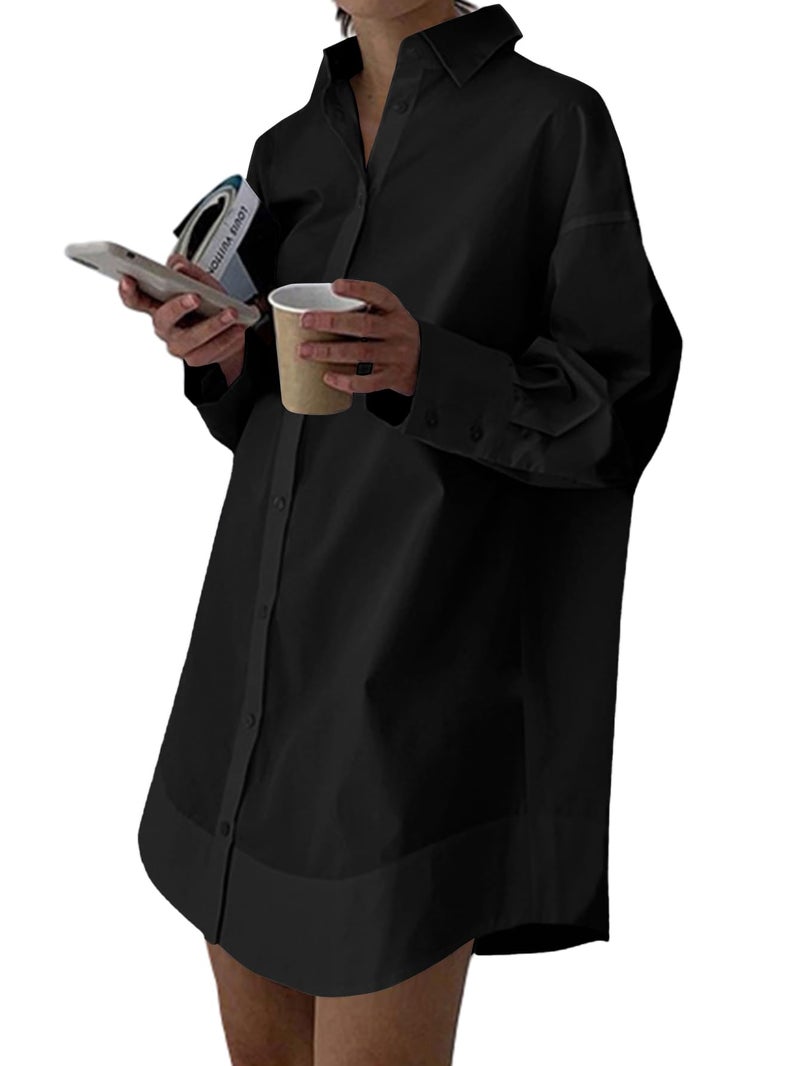LYANER Women's Casual Shirt Dress Collar V Neck Button Down Loose Long Sleeve Mini Dresses Solid Black XX-Large - Image 1