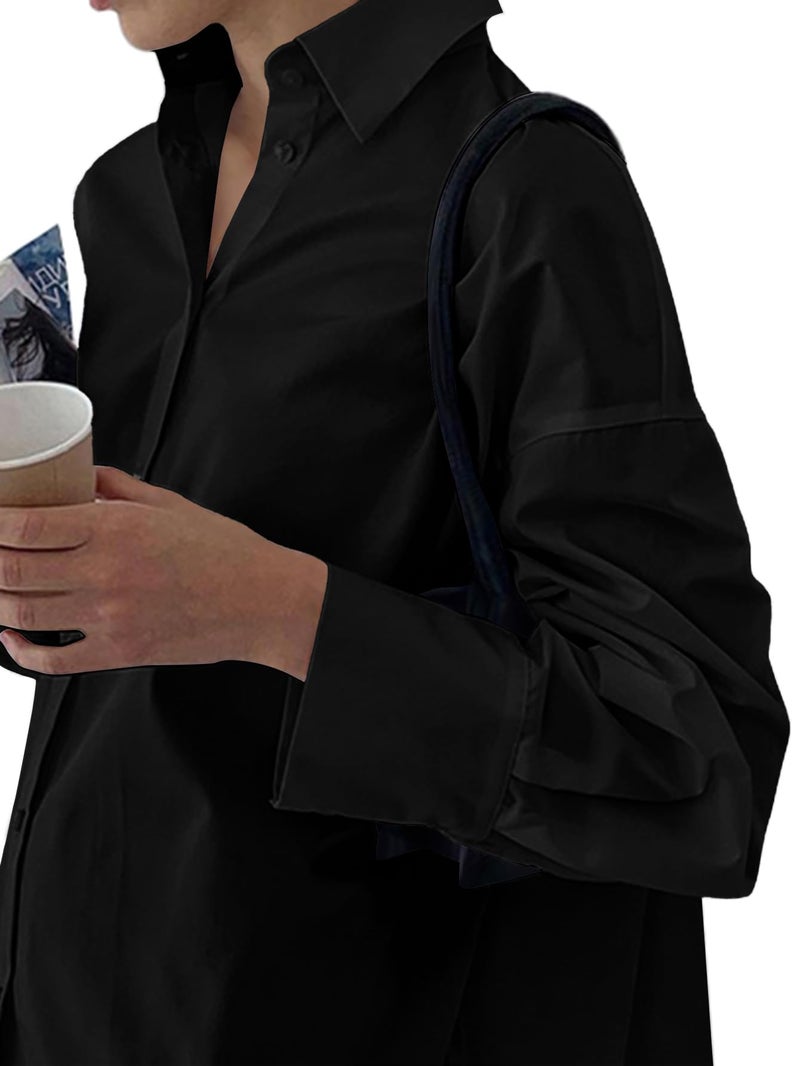 LYANER Women's Casual Shirt Dress Collar V Neck Button Down Loose Long Sleeve Mini Dresses Solid Black XX-Large - Image 3