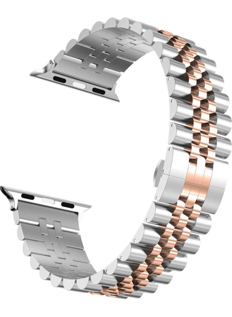 ELTRAZONE Compatible with Apple Watch Band 41mm 40mm 38mm, Stainless Steel Heavy Band with Butterfly Folding Clasp Link Bracelet for iWatch Series8/7/6/SE Series 5/4/3/Men Women ,Silver/Rose Gold - Image 2