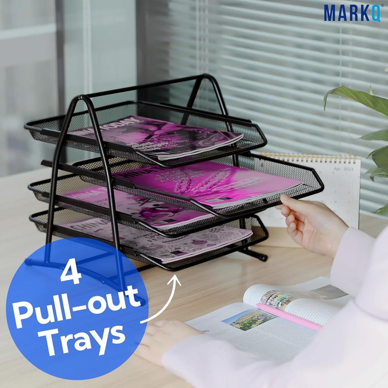 MARKQ 4-Tier Mesh Letter Tray, Office Filing Trays Holder, Desk Organizer with Stacking Supports, Metal Document Filing Paper Holder for School, Home & Office - Image 5