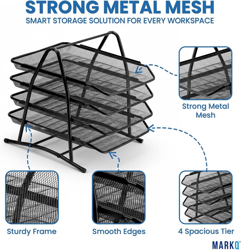 MARKQ 4-Tier Mesh Letter Tray, Office Filing Trays Holder, Desk Organizer with Stacking Supports, Metal Document Filing Paper Holder for School, Home & Office - Image 2