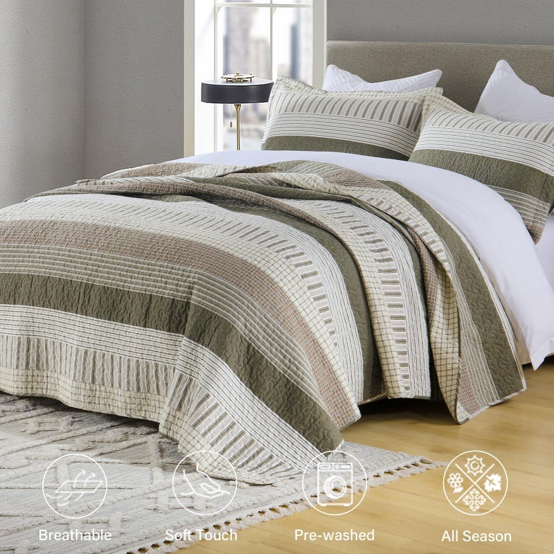 Finlonte Cotton Quilt Set, Striped Reversible Lightweight Bedspreads, 3-Piece, Green/Brown/Cream, Queen Size - Image 2