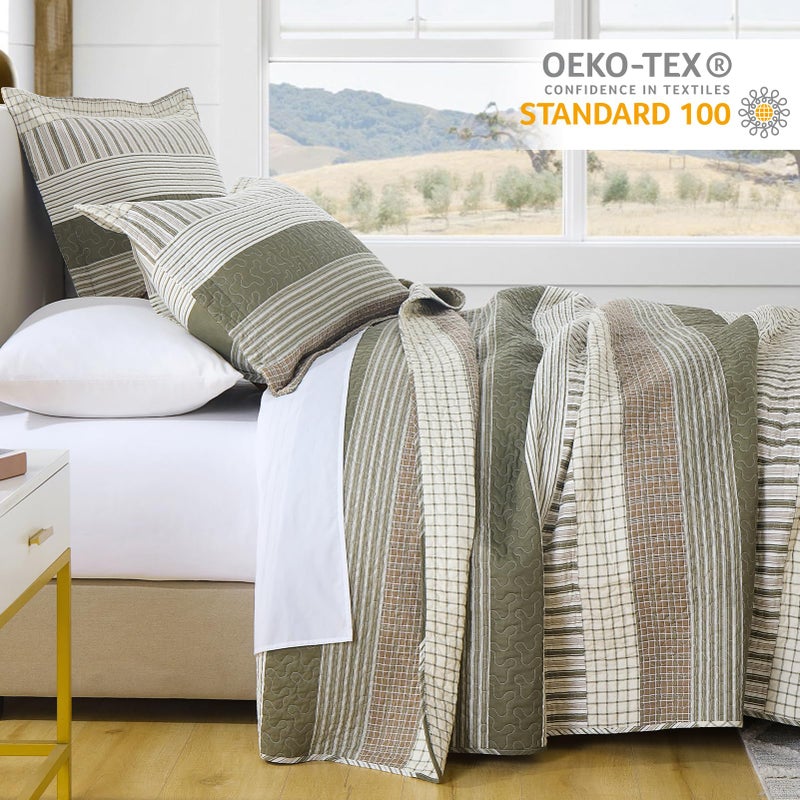 Finlonte Cotton Quilt Set, Striped Reversible Lightweight Bedspreads, 3-Piece, Green/Brown/Cream, Queen Size - Image 3