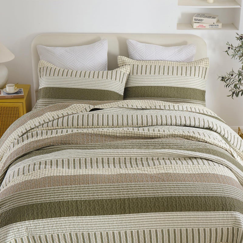Finlonte Cotton Quilt Set, Striped Reversible Lightweight Bedspreads, 3-Piece, Green/Brown/Cream, Queen Size - Image 5