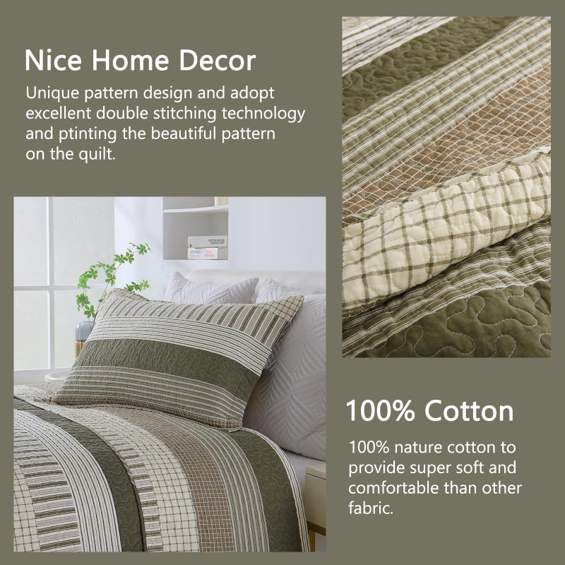 Finlonte Cotton Quilt Set, Striped Reversible Lightweight Bedspreads, 3-Piece, Green/Brown/Cream, Queen Size - Image 4