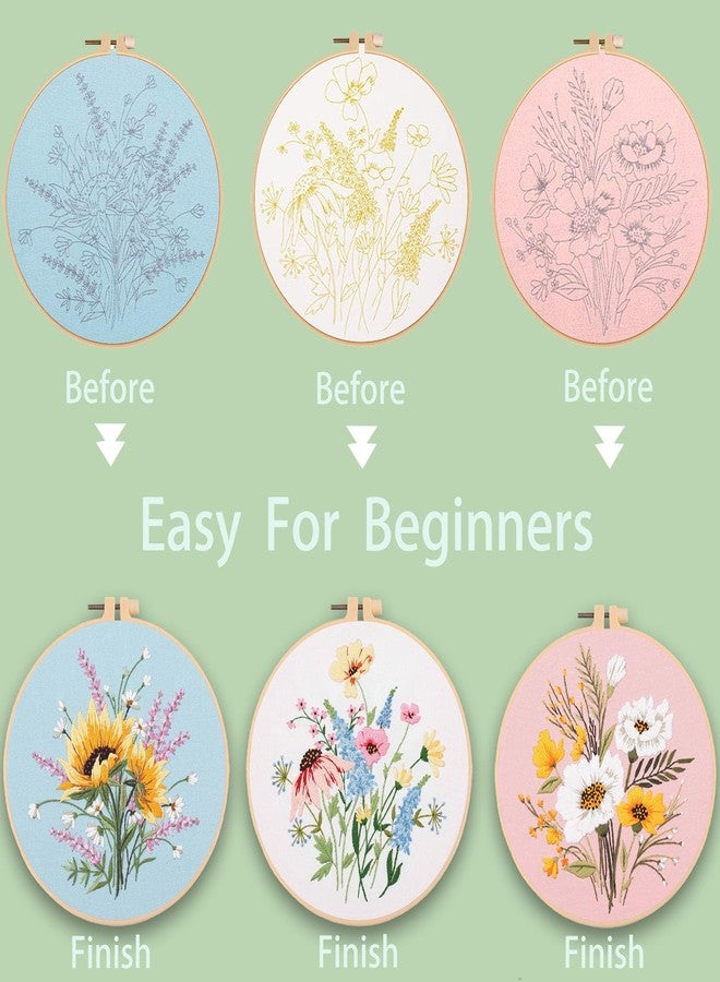 Ohcol 3 Sets Embroidery Kit,Cross Stitch Kits Needlepoint Kits for Adults Beginner,Needle Point Kits with Washable Pre-Printed Floral Pattern,Hoops,Women DIY Hand Crafts - Image 5