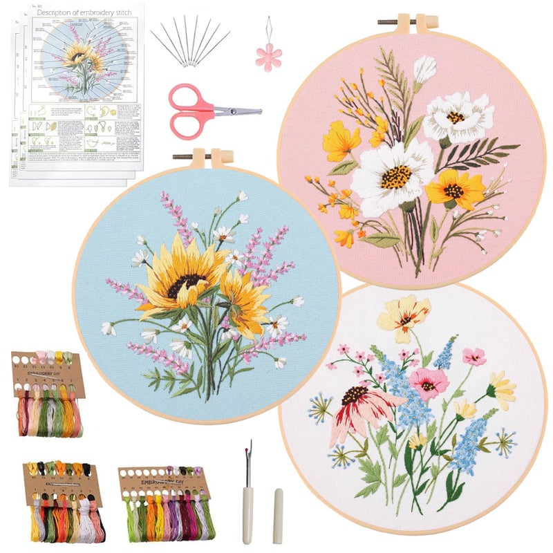 Ohcol 3 Sets Embroidery Kit,Cross Stitch Kits Needlepoint Kits for Adults Beginner,Needle Point Kits with Washable Pre-Printed Floral Pattern,Hoops,Women DIY Hand Crafts - Image 1