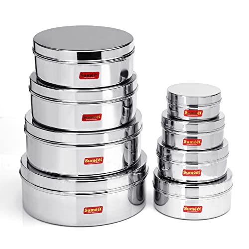 Sumeet Stainless Steel Flat Canisters/Puri Dabba/Storage Containers Set Of 8Pcs (240Ml,400Ml,550Ml,800Ml,1200Ml,1500Ml,2100Ml,2700Ml), Silver - Image 1