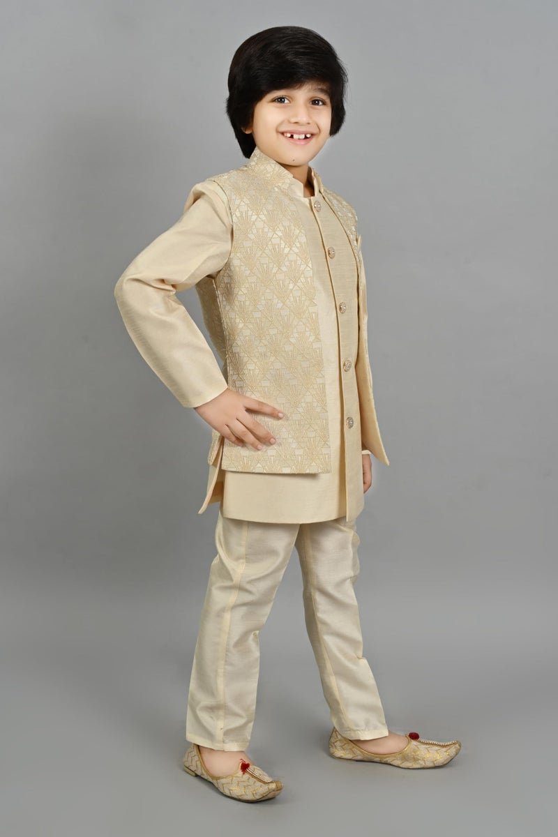 AHHAAAA Boys Silk Blend Solid Ethnic Waistcoat Kurta Pyjama Sherwani Set, Gold, 3-4 Years - Image 5