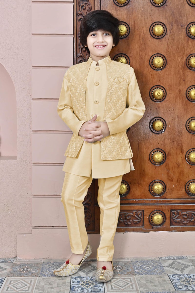 AHHAAAA Boys Silk Blend Solid Ethnic Waistcoat Kurta Pyjama Sherwani Set, Gold, 3-4 Years - Image 3