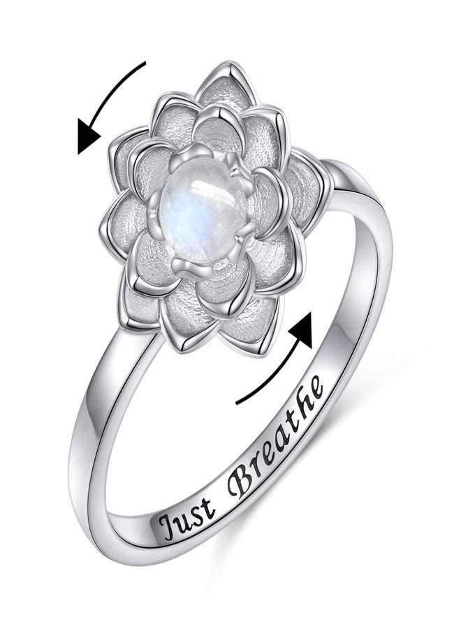 Yearace Just Breathe Spinner Ring for Anxiety 925 Sterling Silver Rotatable Moonstone Lotus Ring Relieve Anxiety Stress Inspirational Jewelry Gifts for Women Size 9 - Image 1