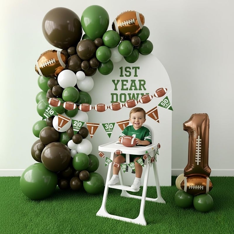 BCARICH 1st Year Down Birthday Decoration, 160 Pcs Football Balloon Arch Kit with 2 Banners, Including Sage Green, Coffee Brown, White Balloons, Rugby Balloon, Number 1 Balloon, Sport Themed Party Decoration - Image 4