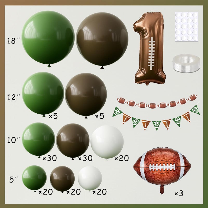 BCARICH 1st Year Down Birthday Decoration, 160 Pcs Football Balloon Arch Kit with 2 Banners, Including Sage Green, Coffee Brown, White Balloons, Rugby Balloon, Number 1 Balloon, Sport Themed Party Decoration - Image 3