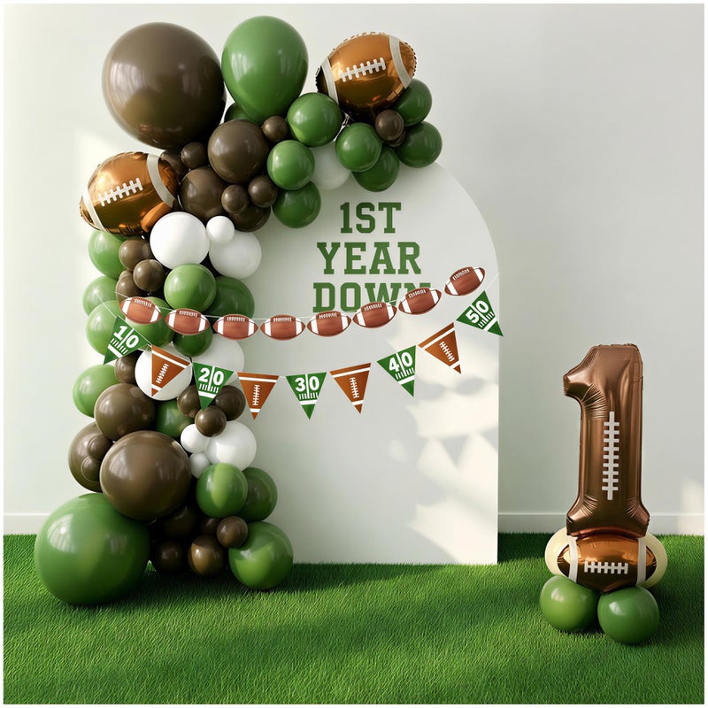 BCARICH 1st Year Down Birthday Decoration, 160 Pcs Football Balloon Arch Kit with 2 Banners, Including Sage Green, Coffee Brown, White Balloons, Rugby Balloon, Number 1 Balloon, Sport Themed Party Decoration - Image 1