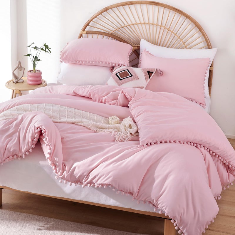 YIRDDEO Queen Comforter Set  Comforter Queen Size Sets with Ball Pom Fringe Soft Bedding Set for All Seasons  3 Pieces 1 Comforter 90x90  2 Pillow Shams 20x26 Dust Pink