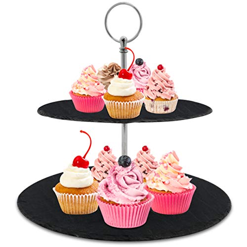 NutriChef Two Tier Slate Cake Stand Round Multi Tiered Tray Serving Plate Cupcake Holder Display Dessert Tower Fruit Platter w Stainless Steel Rods and Handle For Wedding Birthday PKCKSTD10
