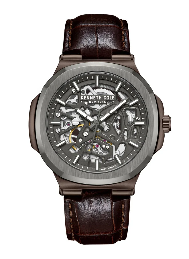 Kenneth Cole New York Kenneth Cole New York 45.5mm Automatic Men's Watch with Gunmetal Dial & Brown Genuine Leather Strap
