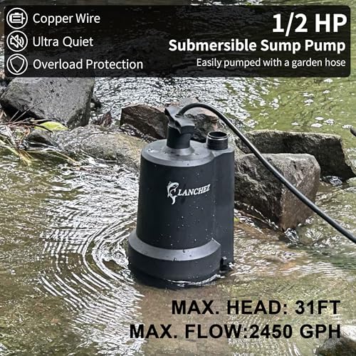 Lanchez Sump Pump, 1/2 HP 2450GPH Submersible Utility Water Pump, Thermoplastic Portable Electric Water Removal Transfer Pump with 10FT Cord for Swimming Pool Basement Garden Pond Tubs Draining - Image 2