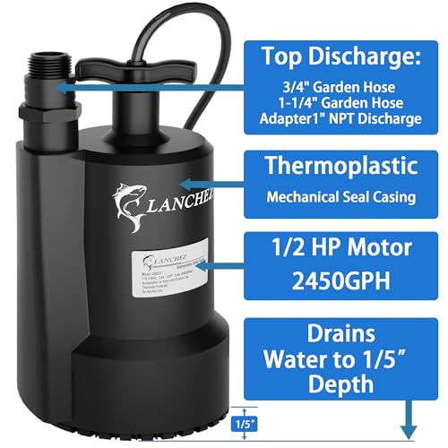 Lanchez Sump Pump, 1/2 HP 2450GPH Submersible Utility Water Pump, Thermoplastic Portable Electric Water Removal Transfer Pump with 10FT Cord for Swimming Pool Basement Garden Pond Tubs Draining - Image 3