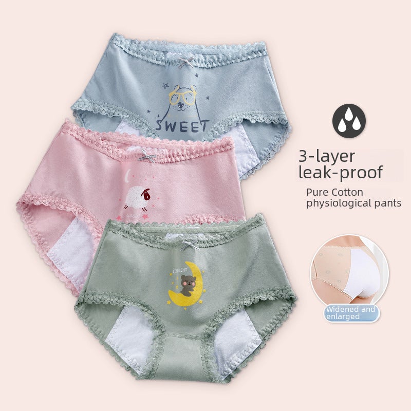Cotton womens physiological underwear waist printing menstrual anti-side leakage underwear lace anti-leakage aunt pants wholesale Light green