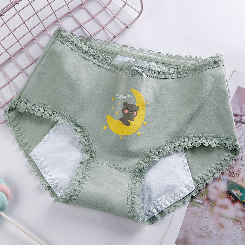 Cotton womens physiological underwear waist printing menstrual anti-side leakage underwear lace anti-leakage aunt pants wholesale Light green
