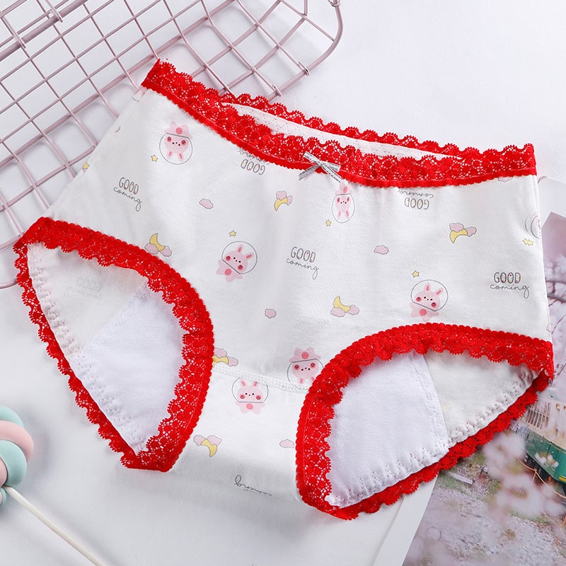 Cotton womens physiological underwear waist printing menstrual anti-side leakage underwear lace anti-leakage aunt pants wholesale Light green