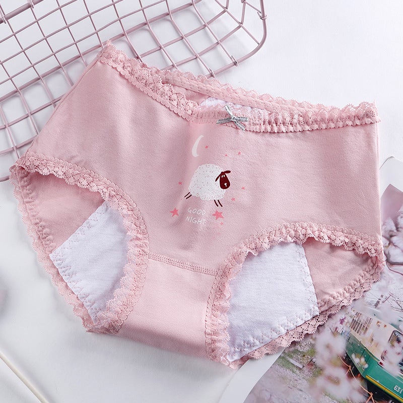 Cotton womens physiological underwear waist printing menstrual anti-side leakage underwear lace anti-leakage aunt pants wholesale Light green
