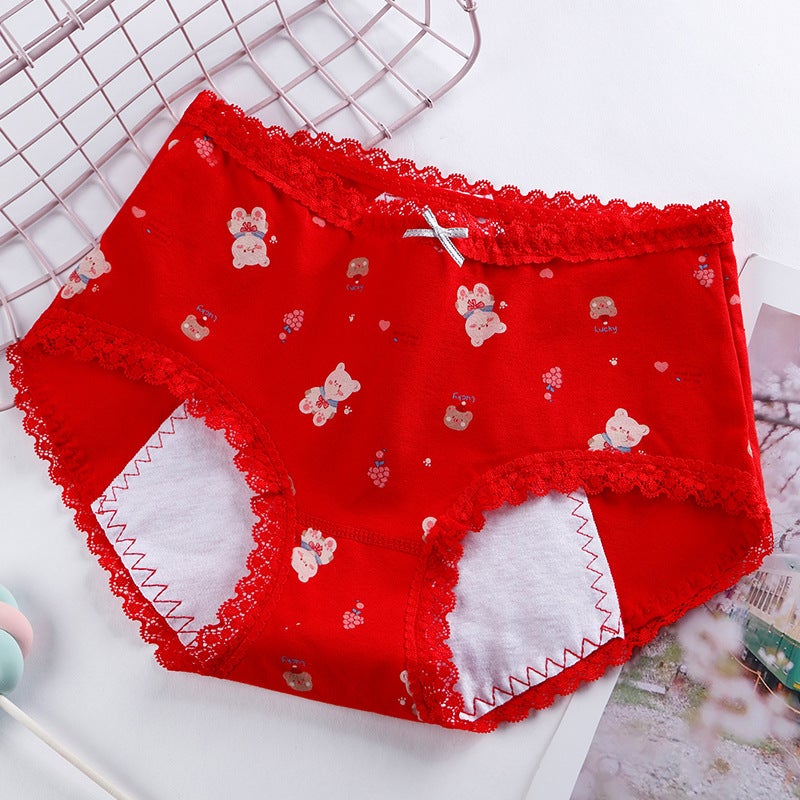 Cotton womens physiological underwear waist printing menstrual anti-side leakage underwear lace anti-leakage aunt pants wholesale Light green