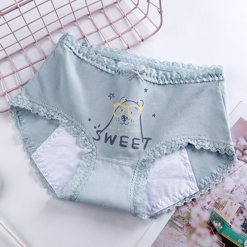 Cotton womens physiological underwear waist printing menstrual anti-side leakage underwear lace anti-leakage aunt pants wholesale Light green