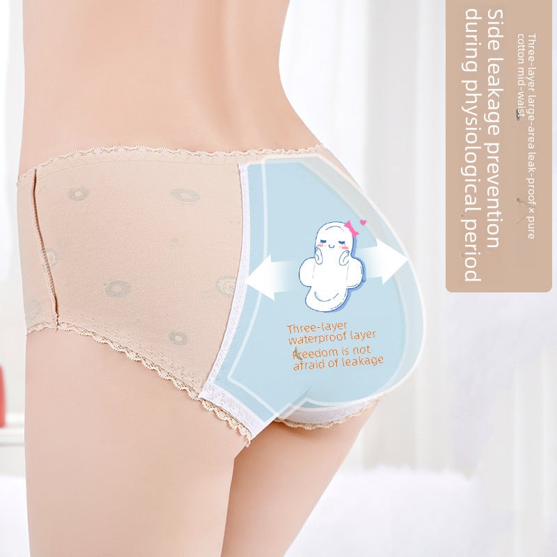 Cotton womens physiological underwear waist printing menstrual anti-side leakage underwear lace anti-leakage aunt pants wholesale Light green