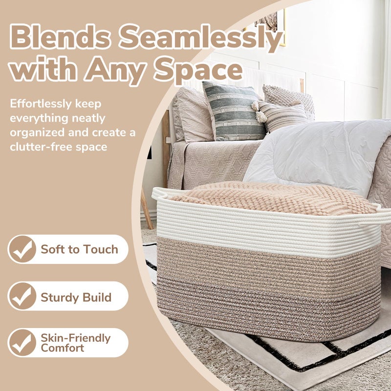 Goodpick Large Woven Storage Basket, 21.6" x 14.9" x 11.8" Rectangle Rope Baskets for Toy Storage, Blanket Basket for Living Room, Bedroom, Light Brown - Image 5