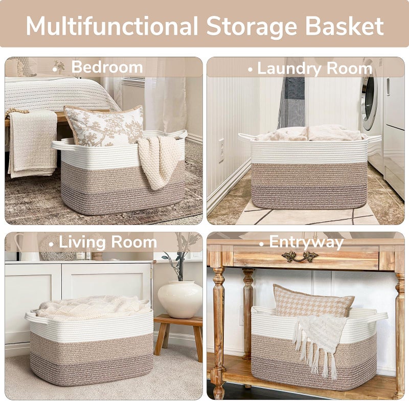 Goodpick Large Woven Storage Basket, 21.6" x 14.9" x 11.8" Rectangle Rope Baskets for Toy Storage, Blanket Basket for Living Room, Bedroom, Light Brown - Image 4