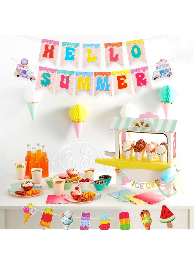 HOWAF Hello Summer Banner, Colorful Ice Cream Sign Banner Bunting Garland Hanging Paper Kit for Hawaiian Tropical Luau Summer Beach Sweet Ice Cream Birthday Party Decorations Supplies - Image 3