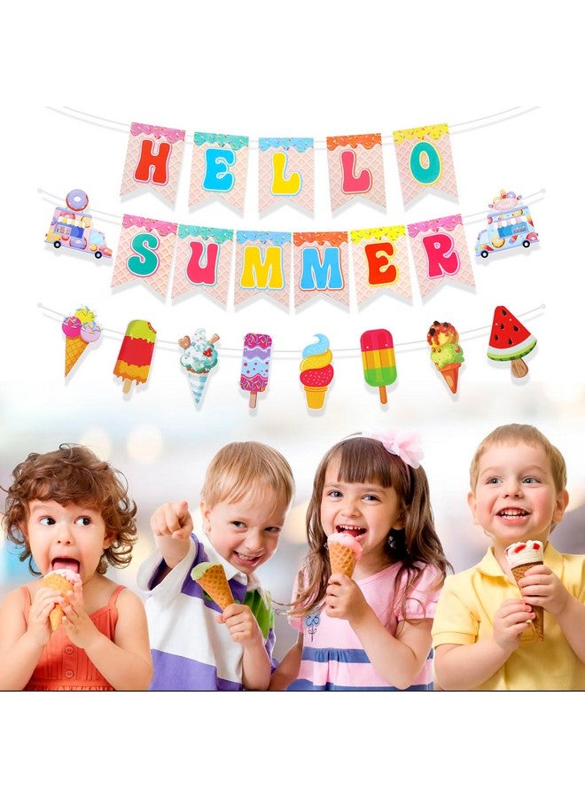 HOWAF Hello Summer Banner, Colorful Ice Cream Sign Banner Bunting Garland Hanging Paper Kit for Hawaiian Tropical Luau Summer Beach Sweet Ice Cream Birthday Party Decorations Supplies - Image 4