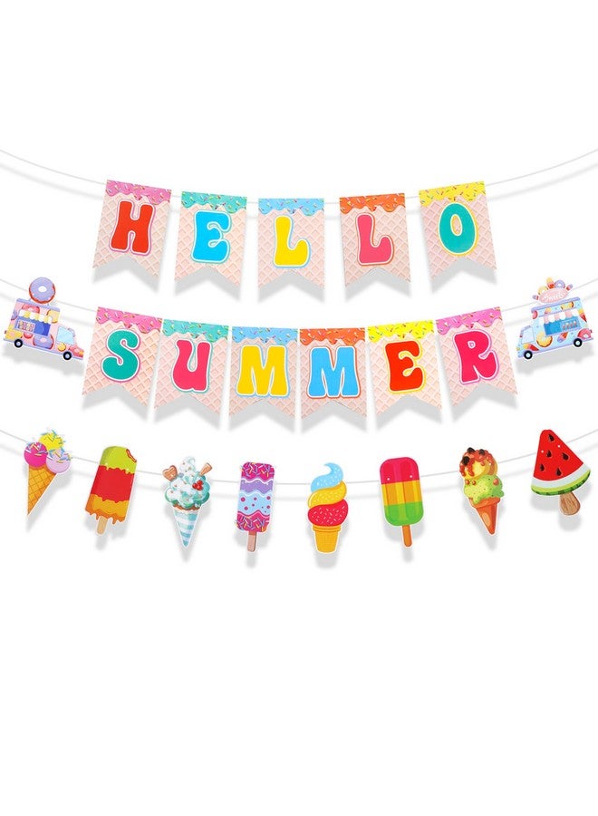 HOWAF Hello Summer Banner, Colorful Ice Cream Sign Banner Bunting Garland Hanging Paper Kit for Hawaiian Tropical Luau Summer Beach Sweet Ice Cream Birthday Party Decorations Supplies - Image 1