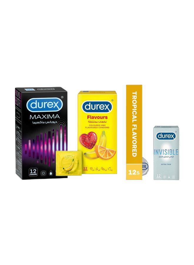 Durex 12-Piece Variety Flavoured Condoms For New Experiences Everyday & Invisible Extra Thin Condoms Pack Of 12 & Maxima Extra Thin Condoms 12 PiecesBundle - Image 1