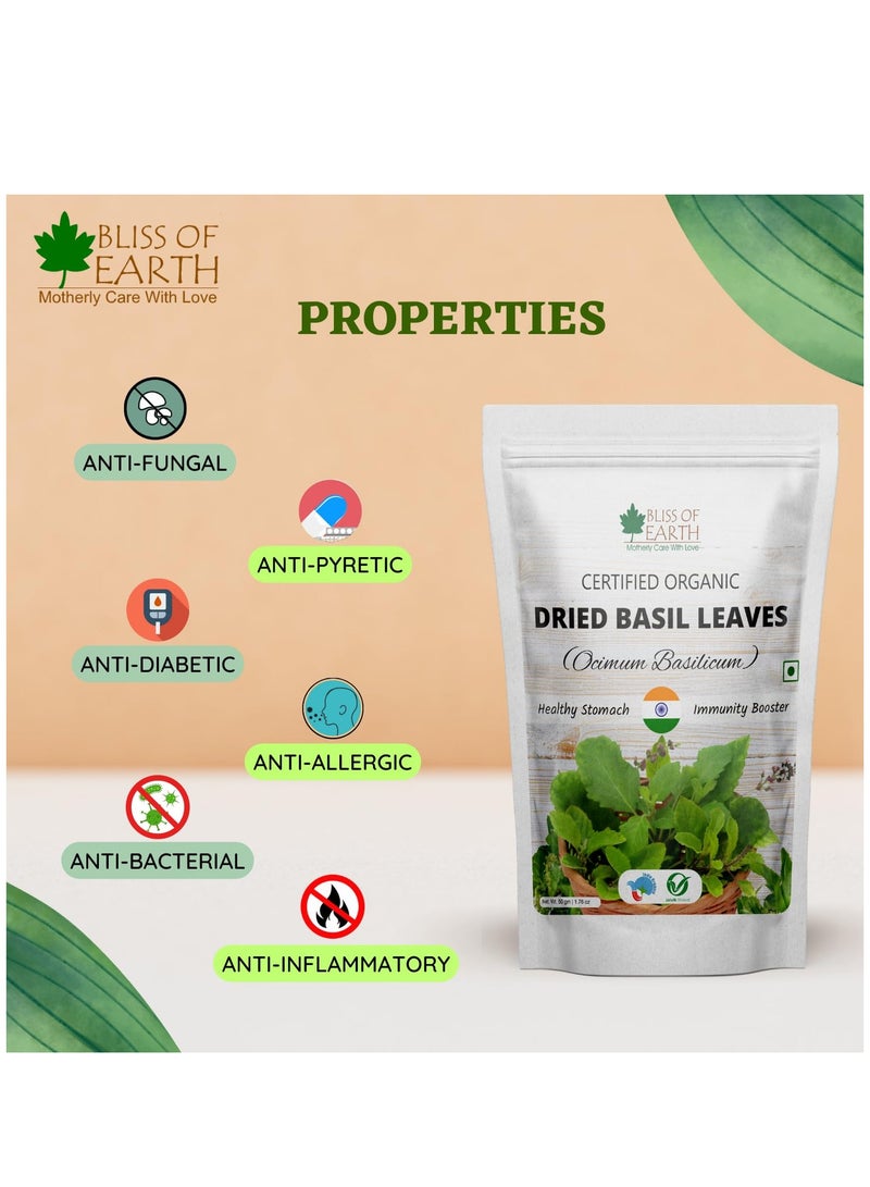 BLISS OF EARTH Organic Dried Basil Leaves Tulsi leafs Aromatic Culinary Delights Great for Tea, Soup, Salad Health & Immunity 50g - Image 2