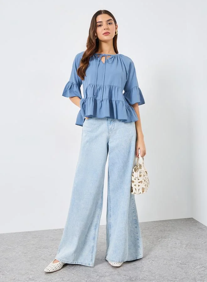 Take Two Blue Tiered Ruffle Sleeve Top