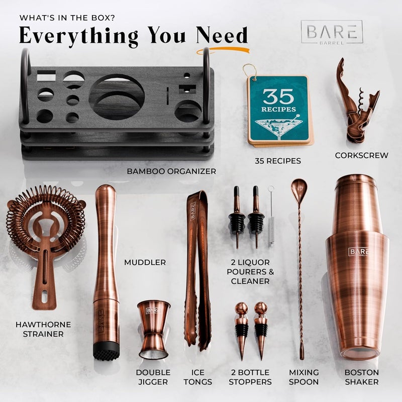 Bare Barrel ® Mixology Bartender Kit Bar Set | 14-Piece Cocktail Shaker Set | Martini Barware Mixing Tools for Home Bartending | 35 Recipe Cards | Gift Set (28oz Boston Shaker, Copper/Black) - Image 4