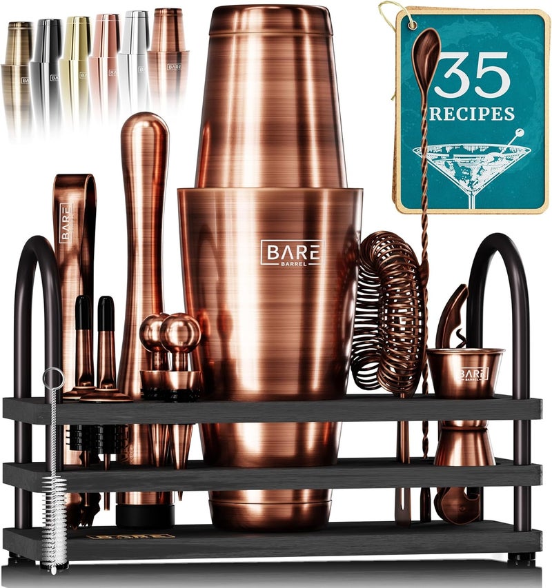 Bare Barrel ® Mixology Bartender Kit Bar Set | 14-Piece Cocktail Shaker Set | Martini Barware Mixing Tools for Home Bartending | 35 Recipe Cards | Gift Set (28oz Boston Shaker, Copper/Black) - Image 1