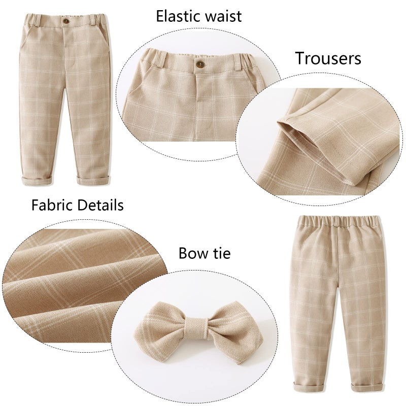 Kimocat Boys 3Pcs Clothing Sets Cotton Long Sleeve Bowtie Shirts +Vest +Pants Casual Suit Beige - Image 4