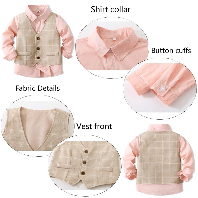 Kimocat Boys 3Pcs Clothing Sets Cotton Long Sleeve Bowtie Shirts +Vest +Pants Casual Suit Beige - Image 3