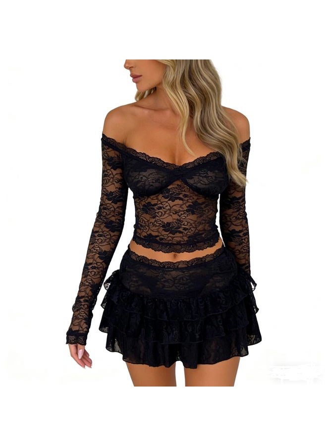 Passec 2 Pieces Mini Skirt Set for Women Elegant Lace Crop Top Bodycon Skirts Sheer Mesh Y2K Matching Sets, A Elegant Off Shoulder Black, Small - Image 3