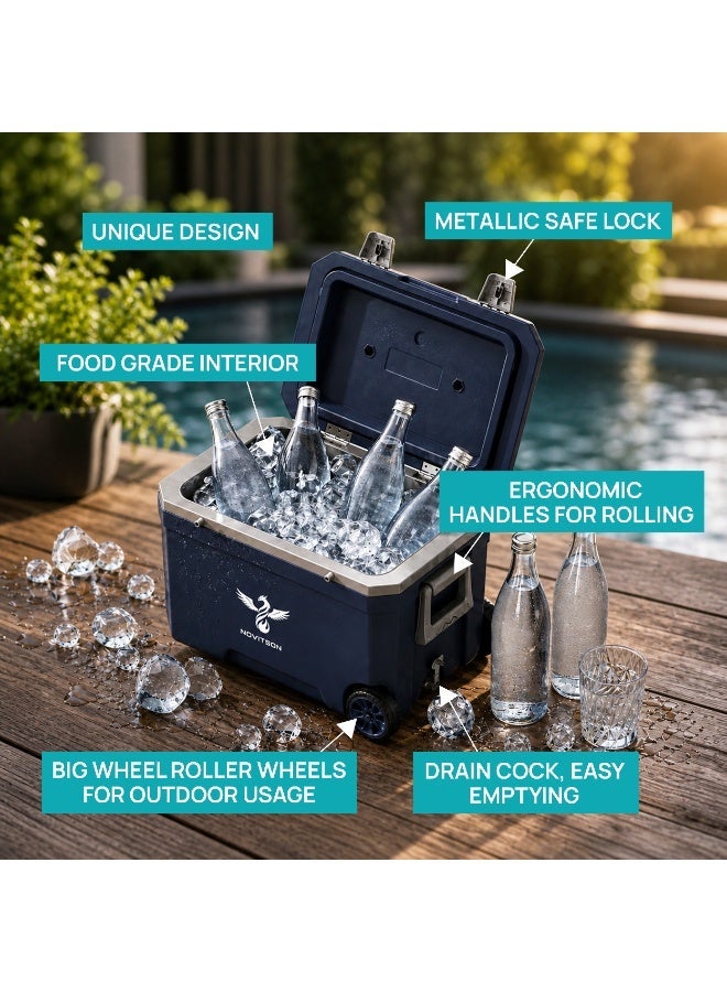 Novitson 45L Portable Cooler Box with Wheels – Foldable Handle, Insulated Ice Chest for Camping, Beach, Picnic & Outdoor | Lightweight Travel Cooler Bag | Blue | NIB-8185BE - Image 3