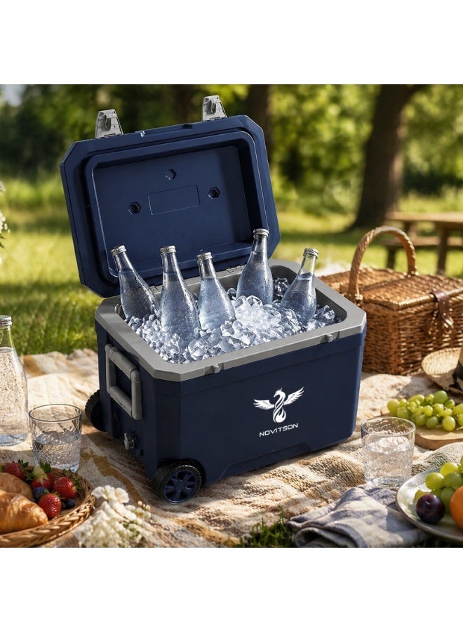 Novitson 45L Portable Cooler Box with Wheels – Foldable Handle, Insulated Ice Chest for Camping, Beach, Picnic & Outdoor | Lightweight Travel Cooler Bag | Blue | NIB-8185BE - Image 2