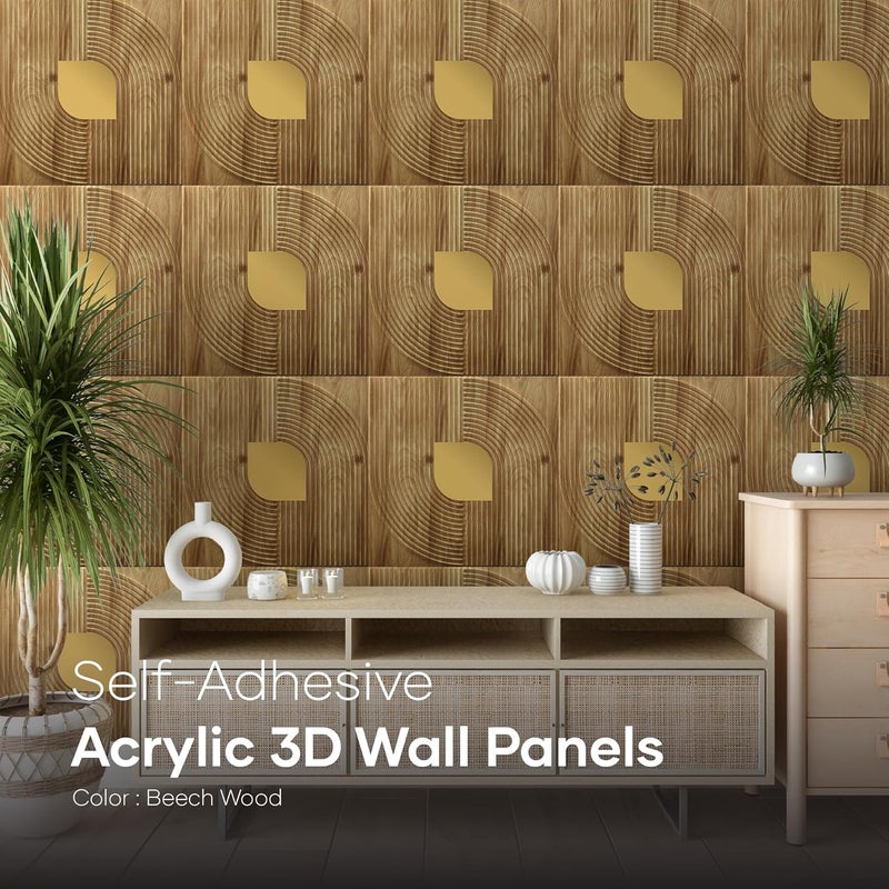 ELEVATE INTERIOR لوحات حائط ثلاثية الأبعاد من أكريليك مرآة PVC | لوحات حائط بتشطيب خشبي لزينة الحائط عبوة من 12 قطعة تغطي مساحة 32.4 قدم مربع. - Image 4